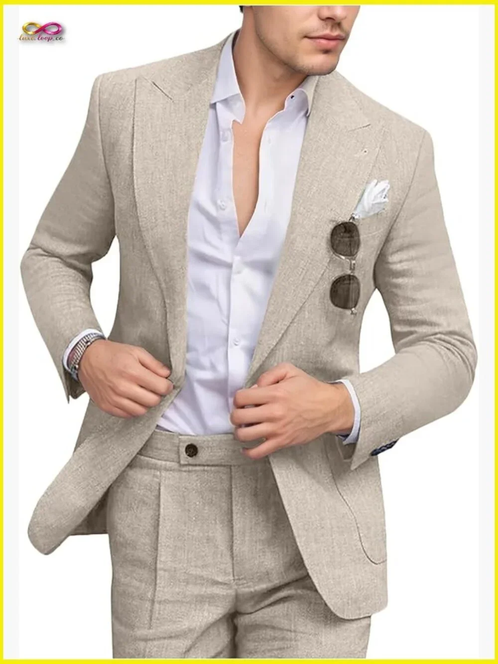 Slim Fit Linen Suit Set Peak Lapel Blazer Pants Formal Casual Wedding Prom